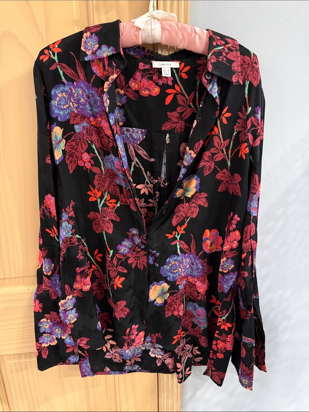REISS Floral Button Front Blouse Black Multicolor Long Sleeve Size US 4
